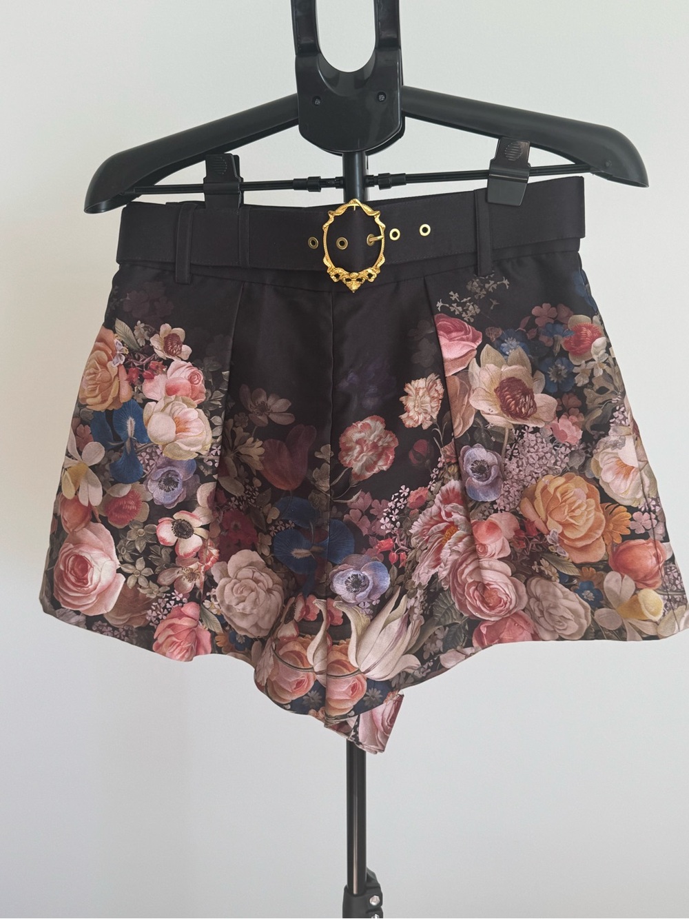 Zimmermann Black Floral High-Waist Shorts with Gold Buckle